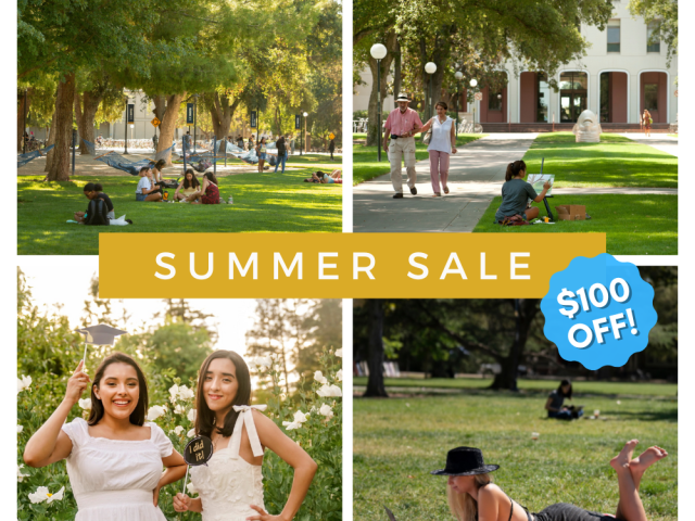 A picture collage for summer. First photo are students sitting at the quad, second photo have two people walking and a girl painting. Third photo are two aggies posing in a white summer dress. Fourth photo is an aggie relaxing on the quad on her laptop.