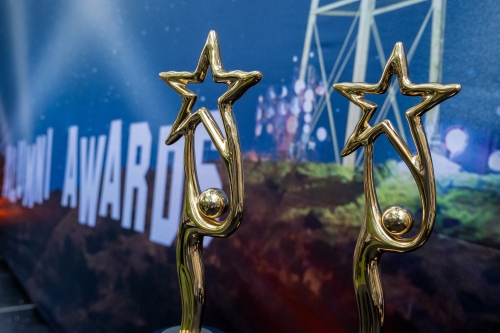 A set of gold awards placed in a row in front of a backdrop.