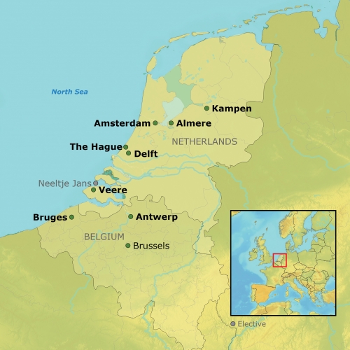 Map showing the cities of Belgium and Netherlands that the trip includes.