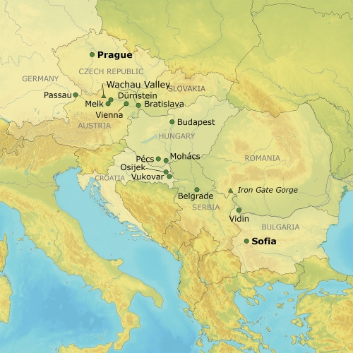 Map showing the many destinations through Central Europe included in the trip.