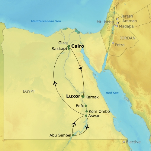 Map detailing the trip route through destinations along the Nile River.