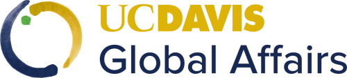 UC Davis Global Affairs logo with a blue and gold circular symbol on the left in brush strokes with a green dot.
