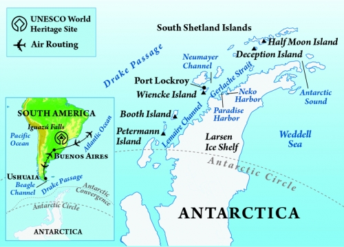 Map detailing the trip along South America and highlighting the South Shetland islands of Antartica.