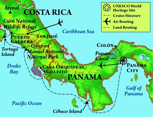 Map detailing the trip route through Costa Rica and Panama.