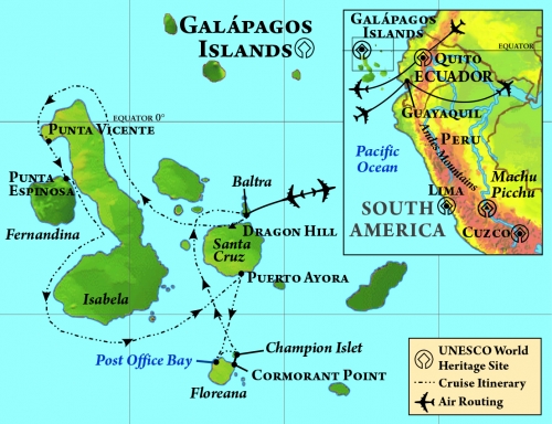 Map detailing the trip route around the Galapagos Islands.