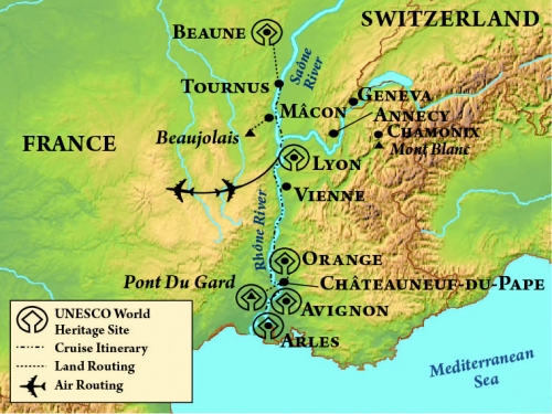 Map detailing the trip route through multiple cities of France and Switzerland.
