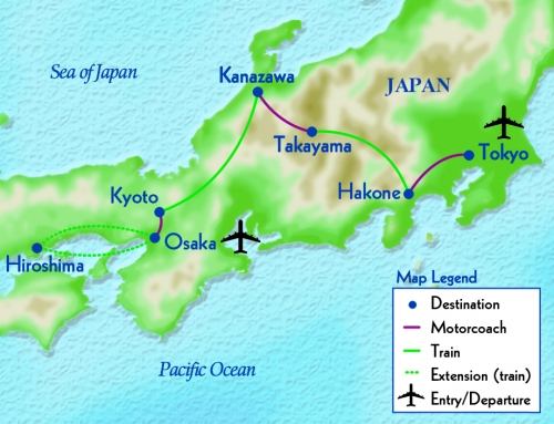 Map detailing the trip route through multiple cities in Japan.
