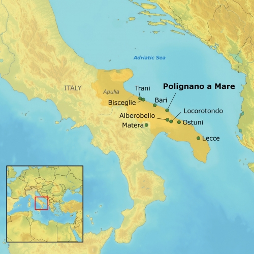 Map highlighting the coastal cities along the heel of Italy included in the trip route.