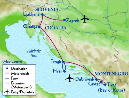 Map detailing the trip route through the cities of Croatia, Slovenia, and Montenegro.