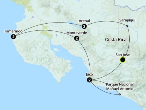 Outlined Costa Rica travel path from San Jose around to Jaco