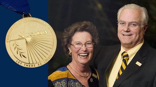 UC Davis Medal recipients Jacque and Wayne Bartholomew, couple, portrait, gold medal is visible on the left-side.