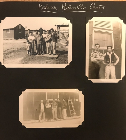 A photo album page with "Rohwer Relocation Center" written at tope. Three black and white photos of people standing outdoors.