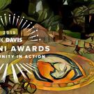 Alumni Awards Logo over illustration of UC Davis Bike Circle