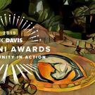 Alumni Awards Logo over illustration of UC Davis Bike Circle