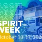Double decker bus and Aggie Spirit Week logo. 