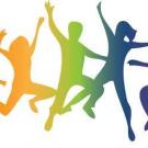 Silhouettes of five people jumping in the air. Each person is a different color of the rainbow. 