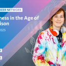 Young woman smiling, dressed casually with headphones around her neck, looking content. Text reads: Alumni Career Network, Enoughness in the Age of Comparison, October 22, 2025, University of California