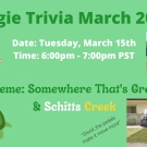 text that reads "Aggie Trivia on March 15th, 2022 at 6pm-7pm" and the theme is Somewhere That's Green
