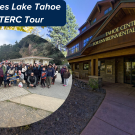 Photo of the UC Davis Active Aggies Hiking Group over a phot of the UC Davis Tahoe Environmental Research Center