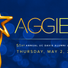 Dark blue background with bokeh effect. There is a gold statue illustration with a title "The Aggies" and subheading of "51st Annual UC Davis Alumni Awards on Thursday, May 2, 2024."