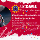 Aida Cuevas Social Invitation with a photo of Aida Cuevas, graphics of a trumpet, violin, guitar, and guitarron. Includes the CLAA Logo