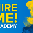 "Hire Me! Academy" against blue background with yellow and navy blue watercolor marks