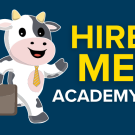 Hire Me Academy Banner with Cow in a Tie and a Briefcase