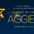 Text: The 49th Annual UC Davis Alumni Awards, A Night At the Aggies, Friday, May 6th, 2022