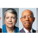 image of Presidents Mark G. Yudof, Janet S. Napolitano and Michael V. Drake, and Chancellor Gary S. May.