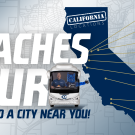 Image of Coach Plough and Gunrock in a bus with the state of california behind showing tour stop cities.