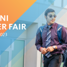 Image of man and woman in professional attire. Text reads: "HireUC Alumni Career Fair, August 24, 2023, University of California 