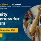 Image of coworkers writing on board and working in collaboration. Text reads: Career Lunch & Learn, UC Davis Alumni Career Programs, UC Davis Continuing and Professional Education, Diversity Awareness for Leaders, Wednesday, September 27th, 12-1:30 pm