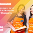 Two women volunteers; text reads: "Alumni Career Network, Advancing your career through volunteerism or board leadership