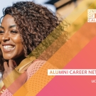 Image of woman smiling. Text reads: University of California, Alumni Career Network, ucal.uc/acn