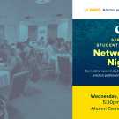 Image of alumni and students networking. Text reads: UC Davis Alumni and Affiliate Relations, Spring Student & Alumni Networking Night, Connecting current students with Aggie Alumni to practice professional networking skills, Wednesday, April 9, 2025, 5:30 to 7 pm, Alumni Center, Davis, CA