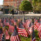 Memorial Union with Americans Flags on Lawn