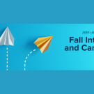 Picture of three, white paper airplanes flying upward and one yellow paper airplane veering off on a separate path. Text reads: Join us for the in-person Fall Internship and Career Center UC Davis Internship and Career Center