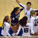 UCD women's volleyball wearing white kits celebrating a point during a match