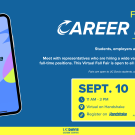 Information about the UC Davis Fall Virtual Career Fair on September 10th from 11 AM to 3 PM, featuring a mobile phone screen with the Handshake logo.