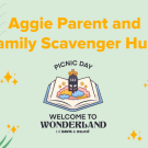 Aggie parent and family scavenger hunt text with sun and leaves border
