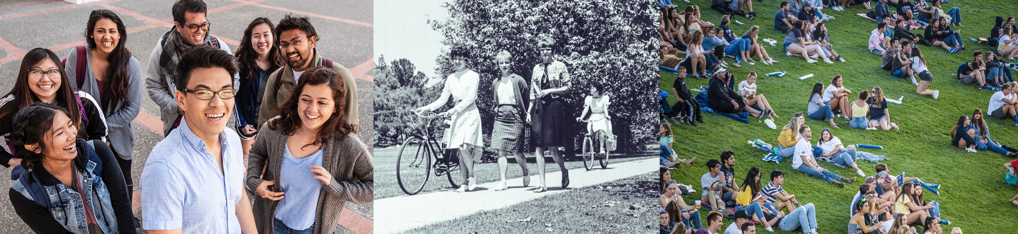 Photo of a group of UC Davis students. Historical photo of people on UC Davis campus walking with bicycles. Photo of a crowd of UC Davis students sitting on the lawn.