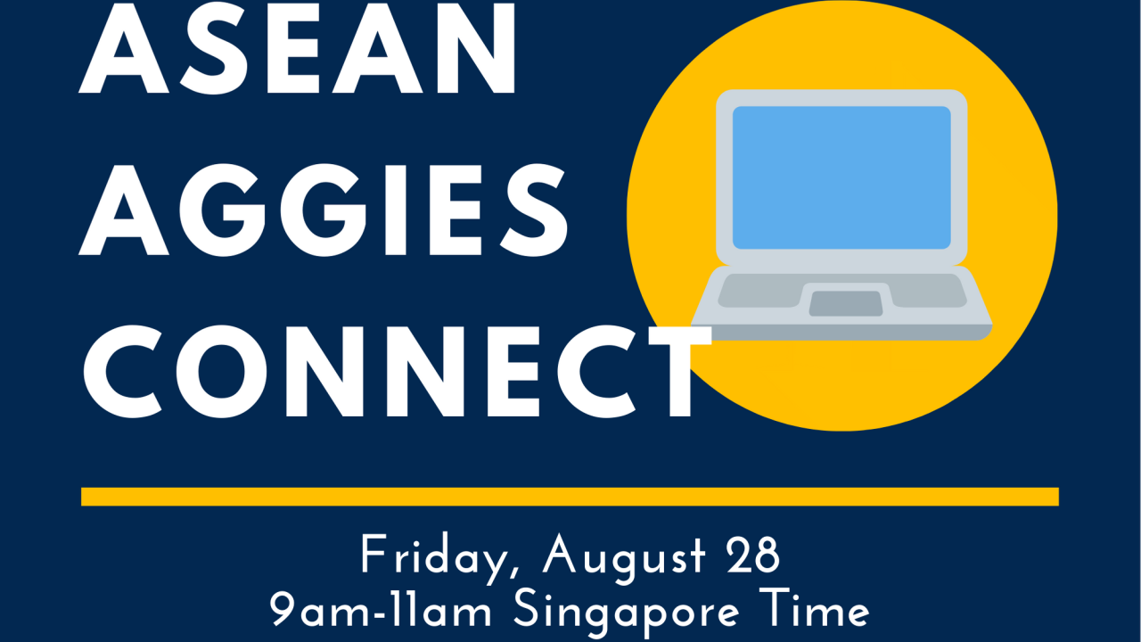 Text reads "ASEAN Aggies Conenct, Friday August 28 9am-11am Singapore Time". There is a laptop on a yellow circle on the right.